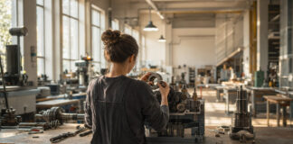 Studentin von hinten prüft an einer Werkbank ein Zahnrad in einer Mechanik unter natürlichem Licht.