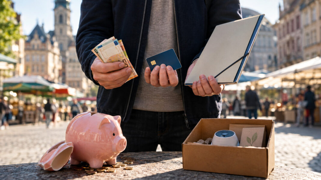 Kapitalquellen für Startups Gründer hält Bargeld, Karte und Mappe neben einem kleinen Produktmuster auf einem Marktplatz