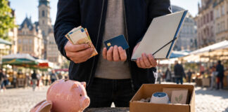 Gründer hält Bargeld, Karte und Mappe neben einem kleinen Produktmuster auf einem Marktplatz