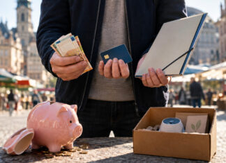 Gründer hält Bargeld, Karte und Mappe neben einem kleinen Produktmuster auf einem Marktplatz