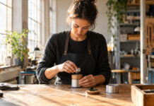 3 steps to set up your dream as your business Hände montieren in einer hellen Werkstatt drei Bauteile zu einem kleinen Prototypen.