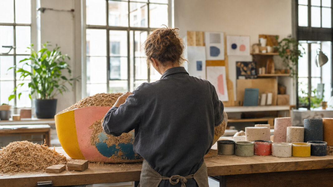 Person von hinten formt in einem Berliner Atelier einen Prototypen an der Werkbank.