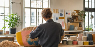 Person von hinten formt in einem Berliner Atelier einen Prototypen an der Werkbank.