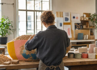 Person von hinten formt in einem Berliner Atelier einen Prototypen an der Werkbank.