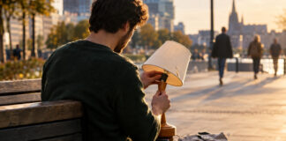 Gründer setzt eine reparierte Holzlampe auf einer Parkbank wieder zusammen
