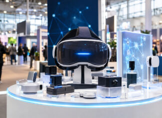 VR-Brille und vernetzte Sensoren an einem Messestand in einer Berliner Messehalle