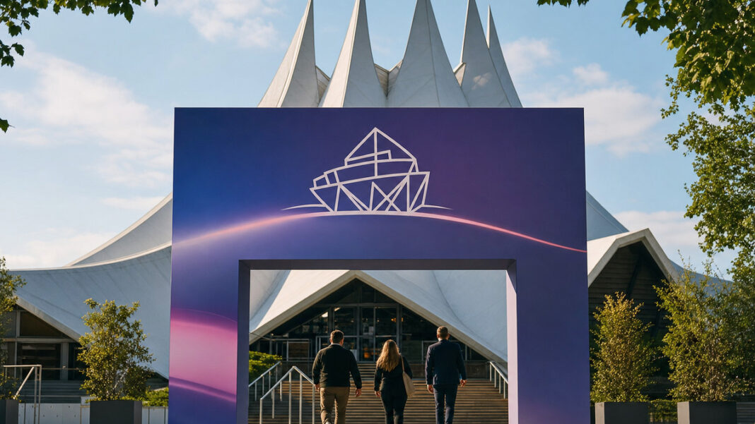 NOAH 2017 im Tempodrom Tempodrom in Berlin mit Arche-Banner und Besuchern von hinten im warmen Licht
