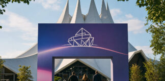 Tempodrom in Berlin mit Arche-Banner und Besuchern von hinten im warmen Licht