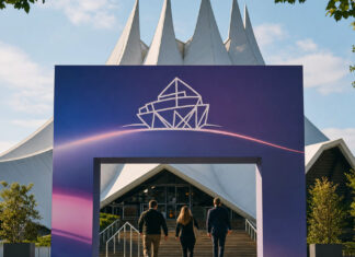 Tempodrom in Berlin mit Arche-Banner und Besuchern von hinten im warmen Licht