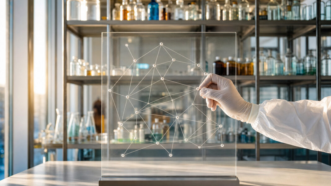 Hand setzt in einem Labor eine Markierungsnadel auf ein Glas-Panel mit Netzwerkstruktur