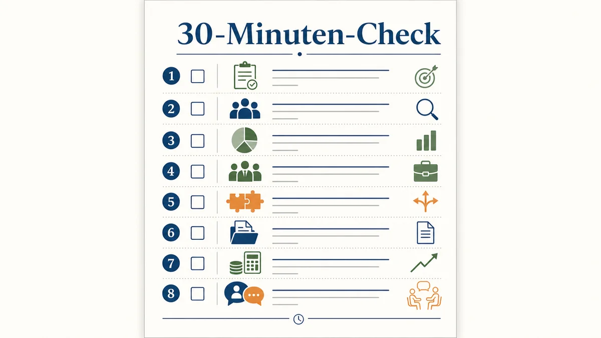 30-Minuten-Checkliste Checkliste für Selbstständige zu Kunden, Unterlagen, Preisen und Rentenversicherung.