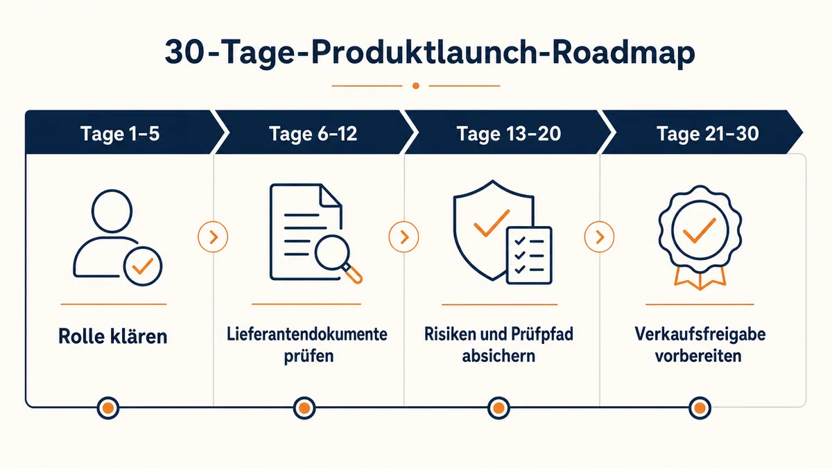 30-Tage-Timeline für CE-Compliance und die Verkaufsfreigabe eines Startup-Produkts.