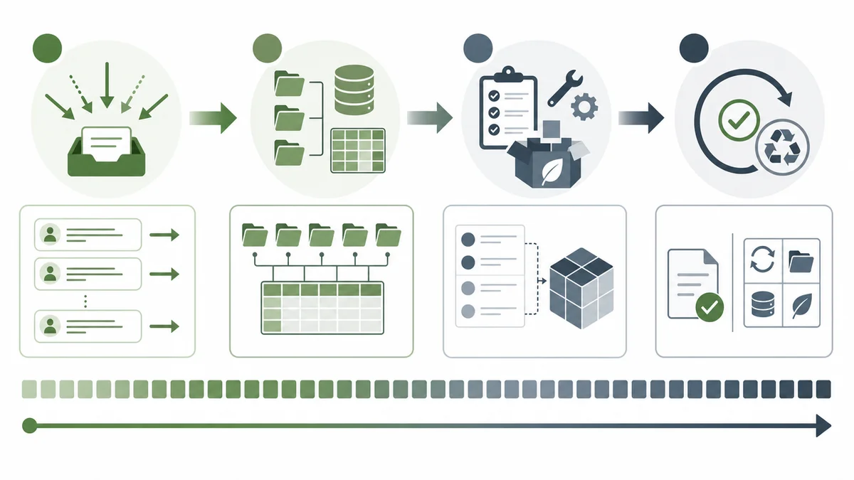 Horizontale Zeitleiste zeigt vier Phasen zum Aufbau eines ESG-Datenpakets in 30 Tagen.