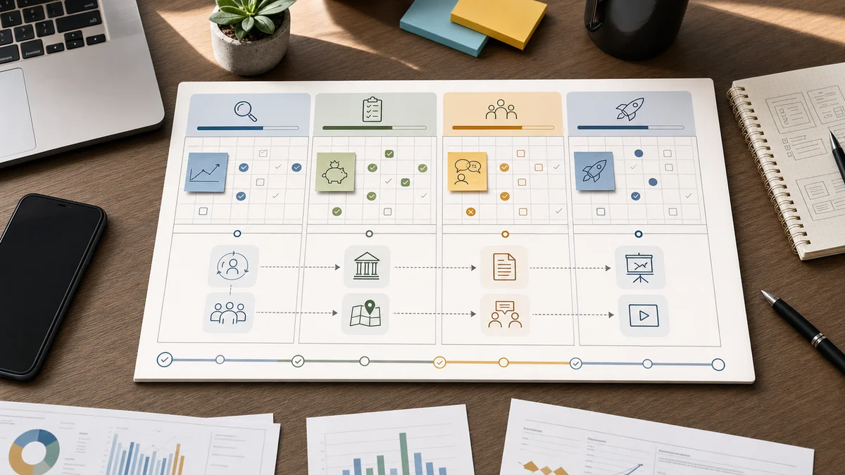 Visuelle 30-Tage-Checkliste für junge Gründer mit vier Wochenplan.