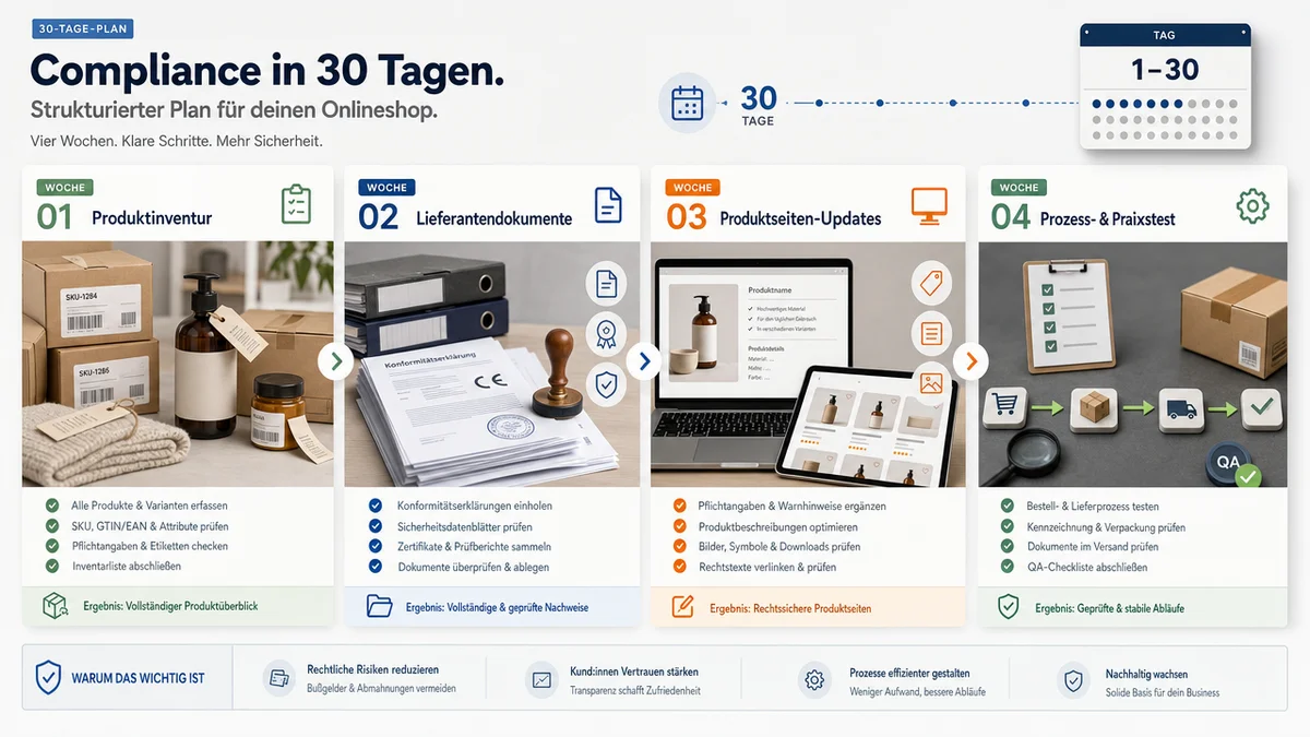 30-tage-compliance-fahrplan Zeitleiste mit 30-Tage-Fahrplan für GPSR-Compliance im Online-Shop