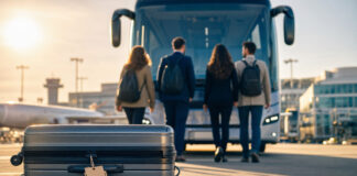 Gründerteam vor Bus am Flughafen mit Koffer im Vordergrund