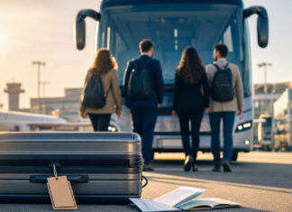 Accelerator Frankfurt – Startup: Travel to Live Gründerteam vor Bus am Flughafen mit Koffer im Vordergrund