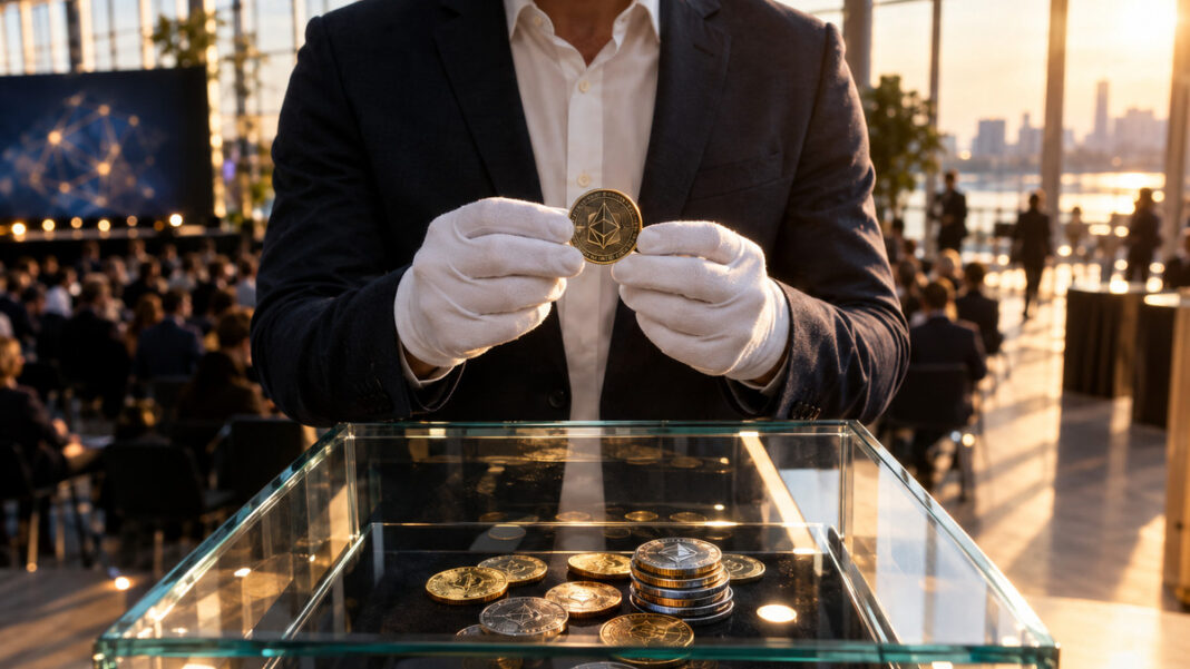 ICO Funding mit Münze und Tresor Hände halten eine Münze über einem gläsernen Tresor mit Token-Medaillons in einer Eventhalle.