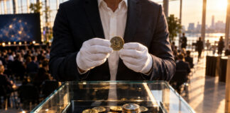 Hände halten eine Münze über einem gläsernen Tresor mit Token-Medaillons in einer Eventhalle.