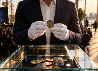 ICO-Funding: Kryptowährungen als Investitionsgrundlage Hände halten eine Münze über einem gläsernen Tresor mit Token-Medaillons in einer Eventhalle.