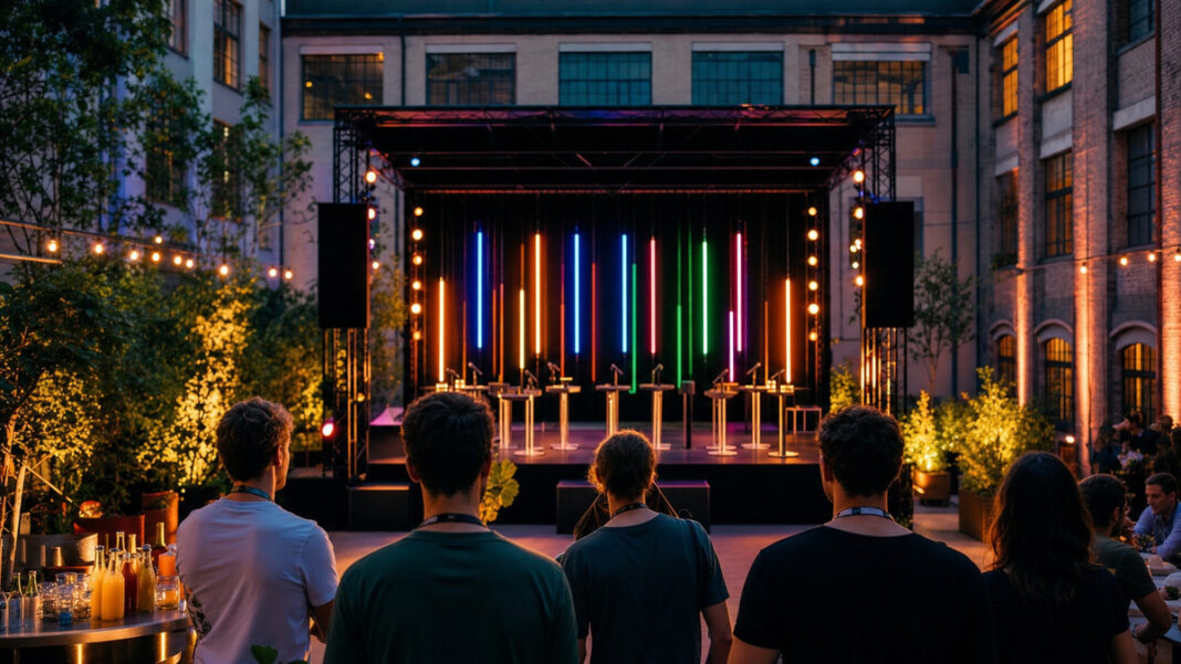 Tech Open Air Berlin Festival meets Konferenz Festivalbühne im Innenhof, davor Besucher von hinten, mit Konferenz-Elementen und Abendlicht