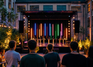 Tech Open Air 2017 in Berlin: Festival meets Konferenz Festivalbühne im Innenhof, davor Besucher von hinten, mit Konferenz-Elementen und Abendlicht