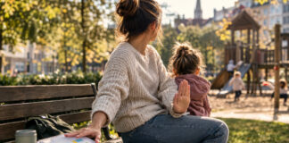 Mutter mit Kind auf Parkbank am Spielplatz, eine Hand abwehrend erhoben, warmes Nachmittagslicht