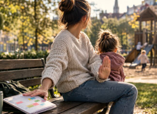 MomPreneurs-Gründerin Esther Eisenhardt über positiven Stress und die hohe Kunst des Neinsagens Mutter mit Kind auf Parkbank am Spielplatz, eine Hand abwehrend erhoben, warmes Nachmittagslicht