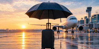 Regenschirm über einem Rollkoffer vor einem Flugzeug