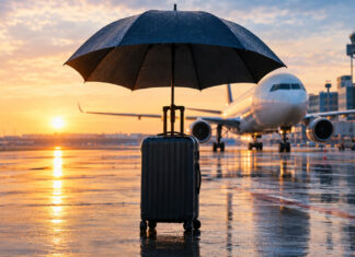 Accelerator Frankfurt Startup #4: Aeroplan Regenschirm über einem Rollkoffer vor einem Flugzeug