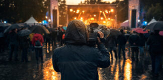 Regennasser Festivalplatz mit Bühne, Schirmen und einem Fotografen von hinten