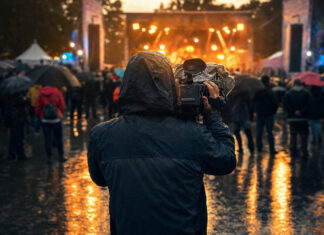 Die TOA 2017 in Bildern und Worten Regennasser Festivalplatz mit Bühne, Schirmen und einem Fotografen von hinten