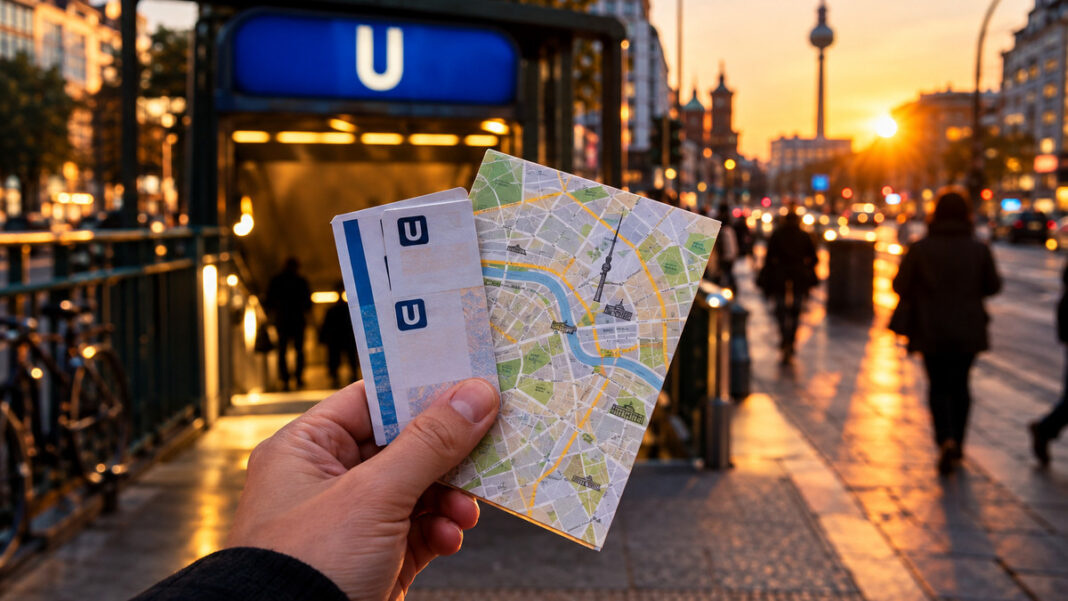Feierabend in Berlin Hand mit Metro-Tickets vor Berliner U-Bahn-Station im Abendlicht