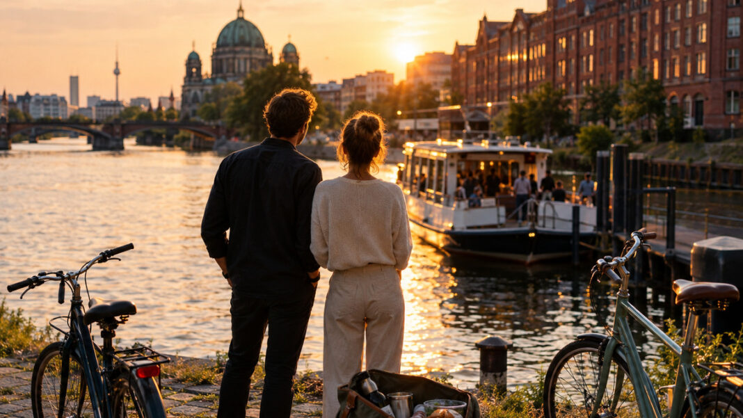 Gründerpaar am Spreeufer in Berlin mit anlegendem Ausflugsboot und Abendlicht