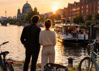 Gründerpaar am Spreeufer in Berlin mit anlegendem Ausflugsboot und Abendlicht