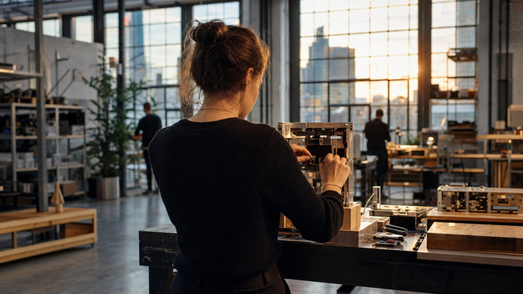 Accelerator Frankfurt Startup Norma Gründerin justiert einen Hardware-Prototypen in einer Frankfurter Industriehalle bei natürlichem Licht.