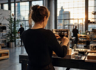 Accelerator Frankfurt Startup #7: Norma Gründerin justiert einen Hardware-Prototypen in einer Frankfurter Industriehalle bei natürlichem Licht.