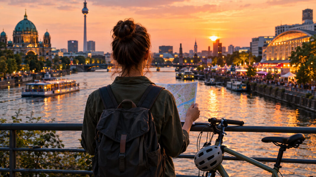Person von hinten am Berliner Ufer mit Stadtkarte, Fahrrad und Abendlichtern der Stadt.