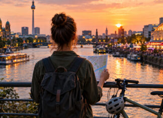 Person von hinten am Berliner Ufer mit Stadtkarte, Fahrrad und Abendlichtern der Stadt.