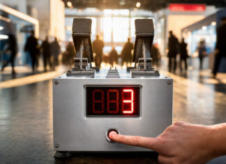 Startblock mit Countdown-Display auf dem Messegelände, eine Hand drückt den Startknopf