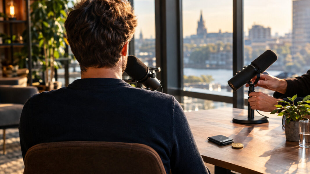 Rückenansicht eines Gründers im Podcast-Interview, Hände am Mikrofon und einer Krypto-Wallet