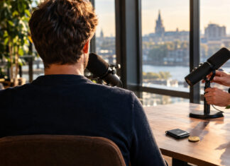 Rückenansicht eines Gründers im Podcast-Interview, Hände am Mikrofon und einer Krypto-Wallet