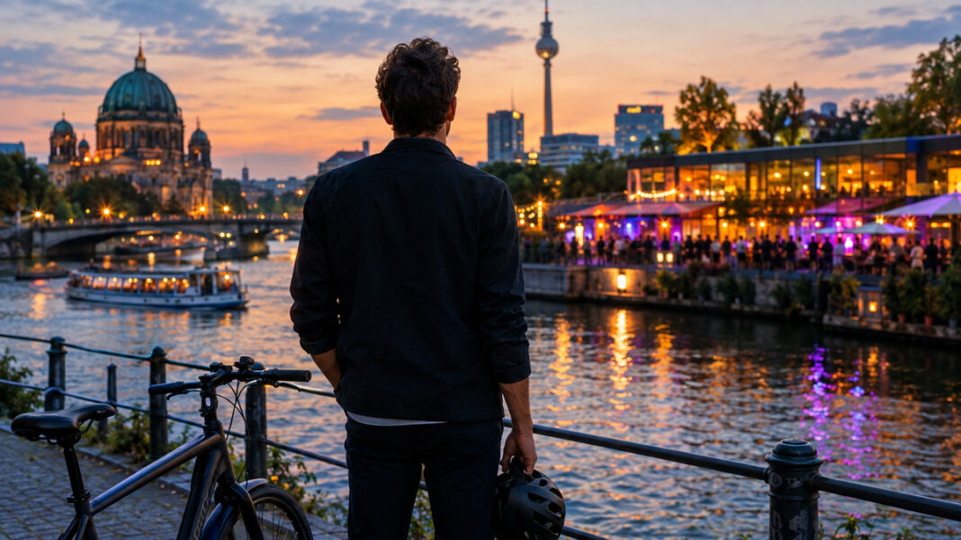 Berlin Feierabend-Guide Person von hinten am Berliner Spreeufer bei Dämmerung, Lichter einer Abendveranstaltung im Hintergrund