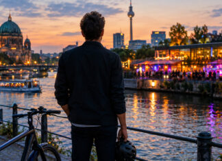 Person von hinten am Berliner Spreeufer bei Dämmerung, Lichter einer Abendveranstaltung im Hintergrund