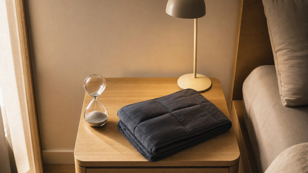 Nachttisch mit Sanduhr, Gewichtstuch und Lampe im warmen Abendlicht