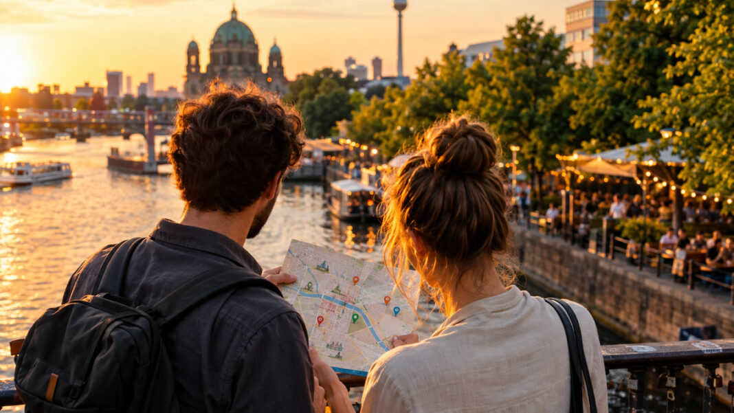 Feierabend-Guide Berlin Gründerpaar am Spreeufer mit Stadtplan vor beleuchtetem Berliner Abendhintergrund