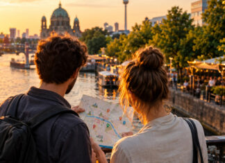 Gründerpaar am Spreeufer mit Stadtplan vor beleuchtetem Berliner Abendhintergrund