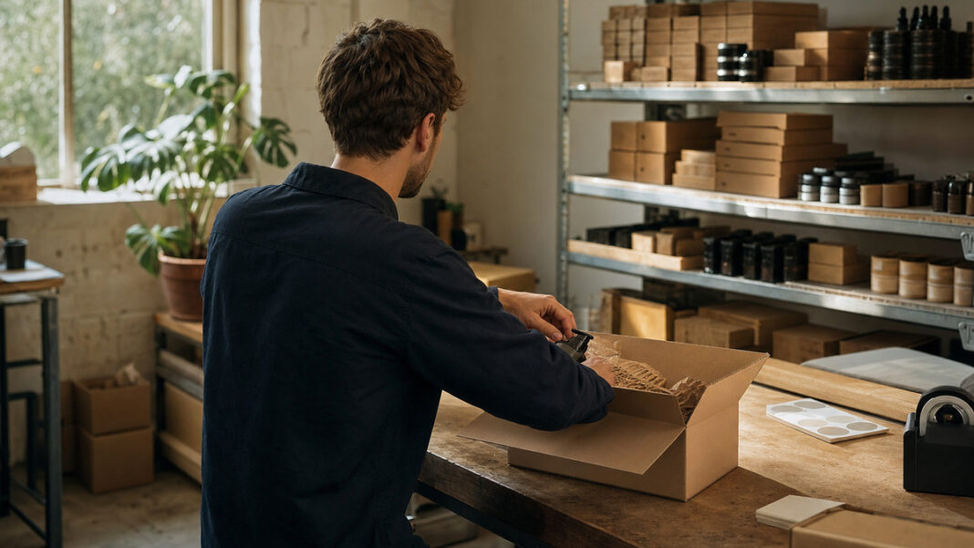 Gründer packt von hinten einen Versandkarton in einer hellen Werkstatt mit Warenregal.
