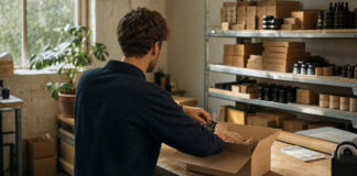 Gründer packt von hinten einen Versandkarton in einer hellen Werkstatt mit Warenregal.