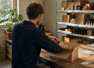 Gründer packt von hinten einen Versandkarton in einer hellen Werkstatt mit Warenregal.